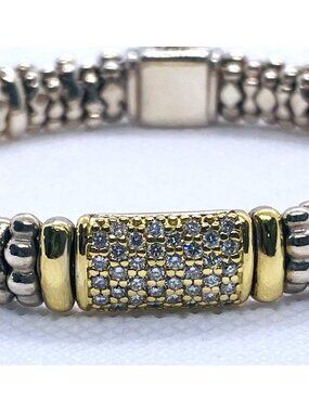 Lagos Caviar Sterling Silver 925 18K 750 Pave Diamond Bracelet 6.75"